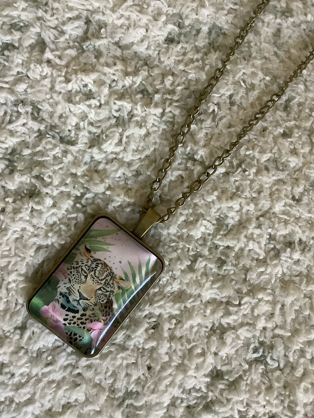 Tropical Leopard Palm Leaves Glass Cabachon Pendant Necklace NWT 20-22”